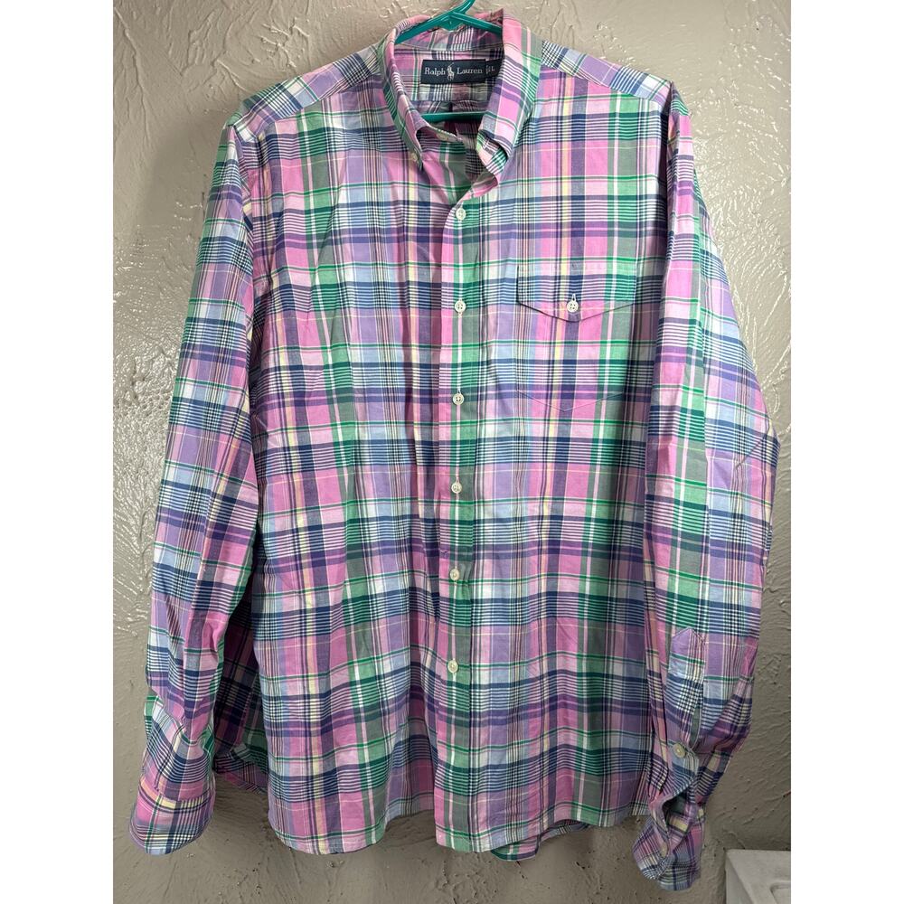 Ralph Lauren Pink Green Blue Long Sleeve Cotton Plaid Shirt Mens‎ Size Large